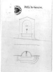1 vue  - 252.D.1/116 Fontaine, Rue de la; Boule. Rue de; Plan de fontaine de face, coupe transversale du bassin (ouvre la visionneuse)