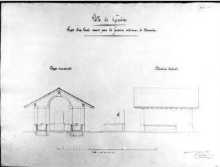 1 vue  - 252.D.1/126 Cornavin, Place; Lavoir couvert de Cornavin; Plans du lavoir de face et de profil; signé par Cossart, inspecteur des travaux (ouvre la visionneuse)