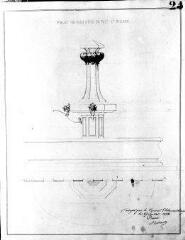 1 vue 252.D.1/53 Puits-Saint-Pierre, rue du; dessin de fontaine et coupe transversale de la moitié du bassin