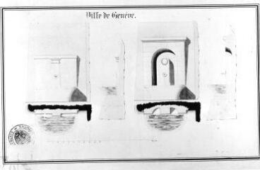 1 vue 252.D.1/68 Perron, Rue du; Plan de la fontaine de face, coupes latérales et transversales